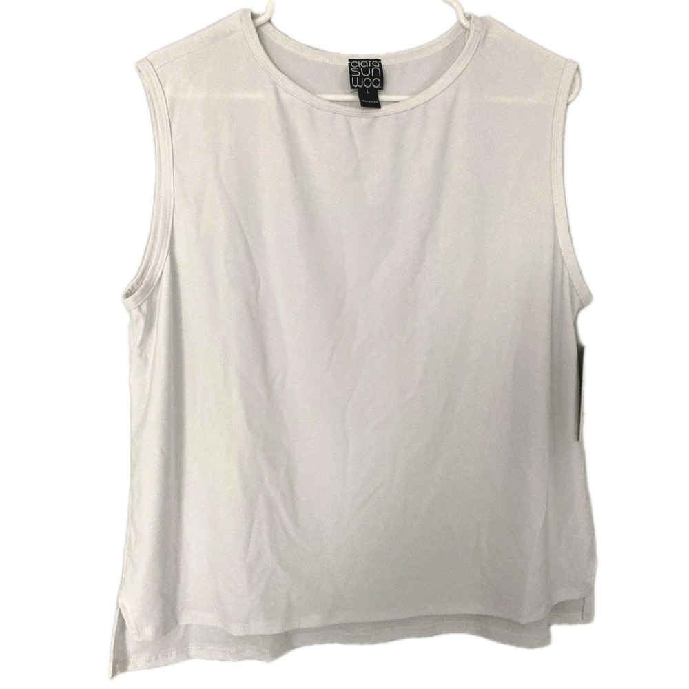 Clara Sunwoo Tank Top Women L White Stretch Crew Neck Sleeveless NWT Made USA